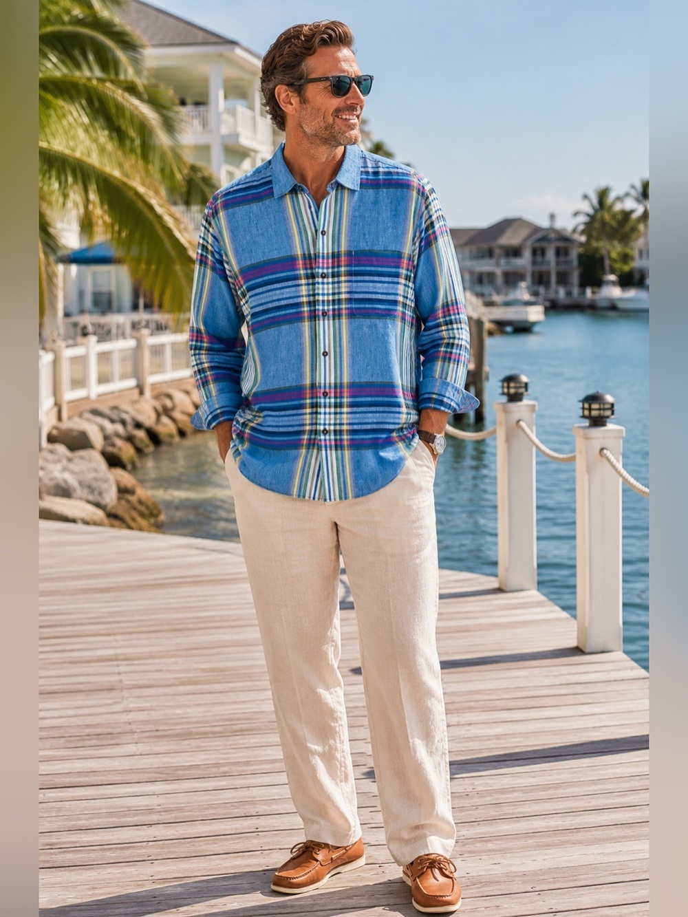 Tommy Bahama 100% Linen Blue Plaid Button Front Shirt | Men's Luxury Coastal
